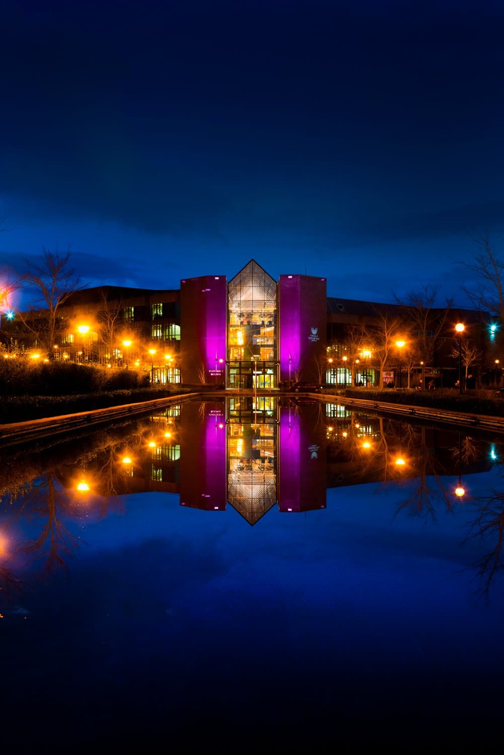 The foundation building, home of the University Concert Hall at night.