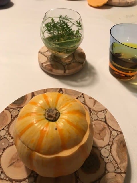 these two were to be eaten as one. inside the little pumpkin was a puree of same with raw scall