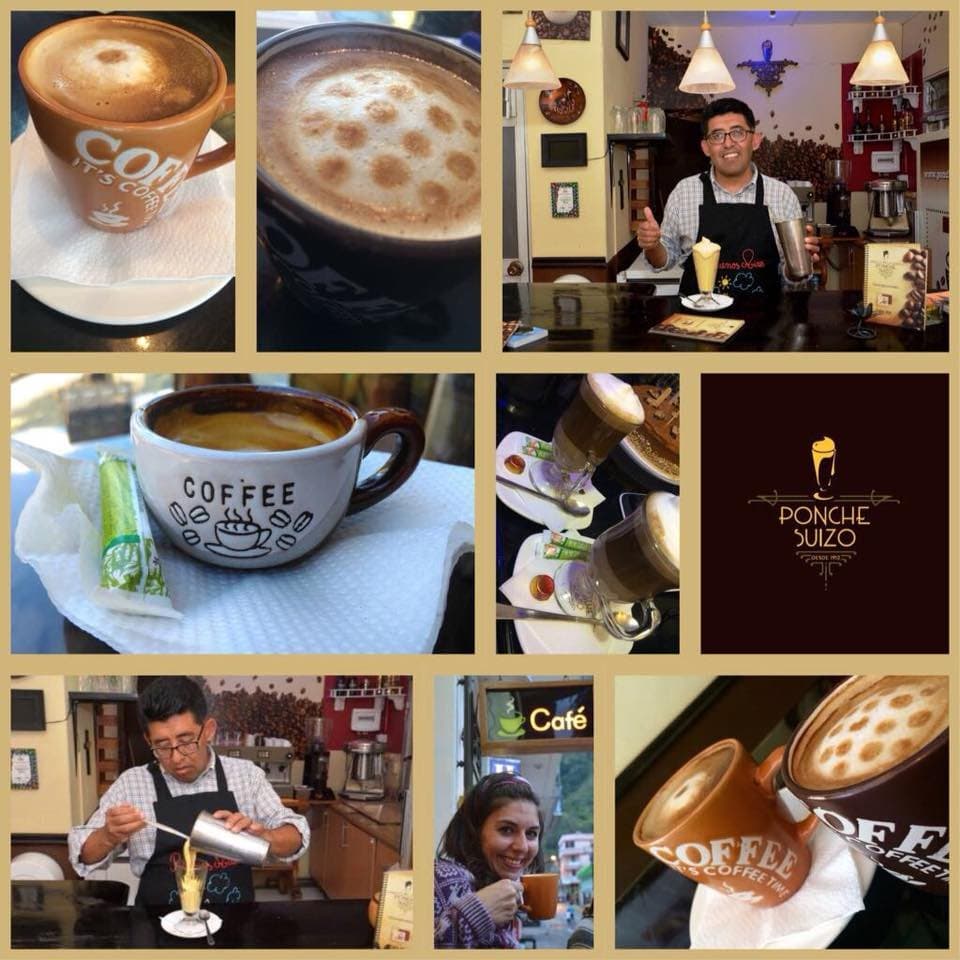 Es una descripción visual del producto Ponche Suizo y la gran variedad de Cafés que ofrecemos .