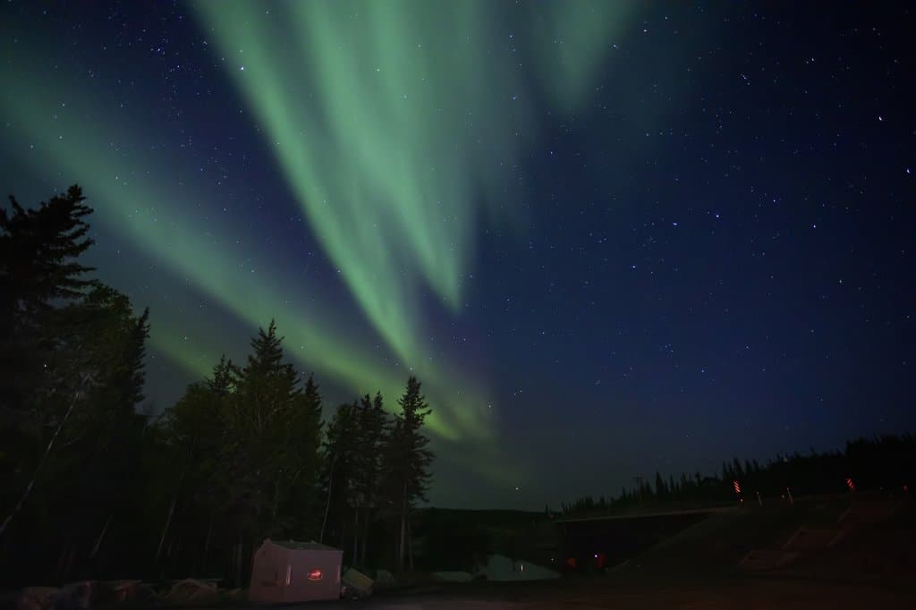 Northern light on Yellowknife River Territorial Park parking lot.