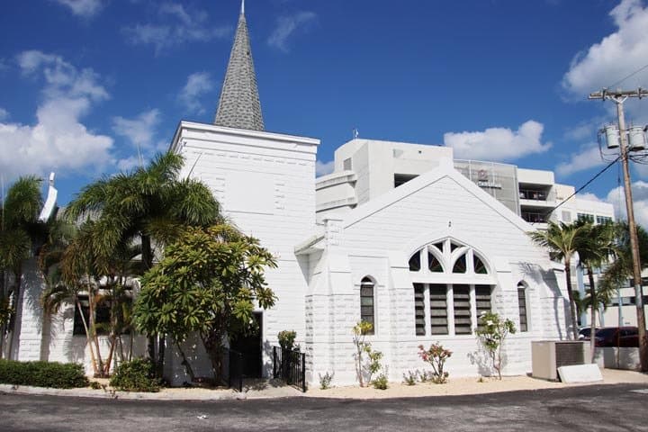 Side view of the exterior of the church