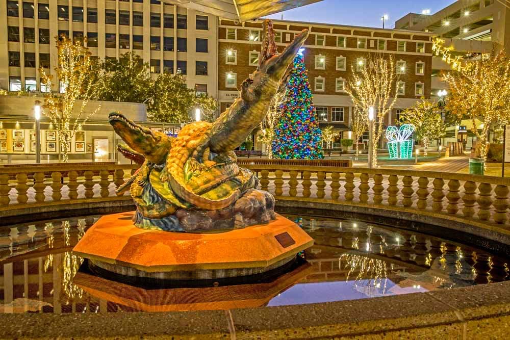 Fiber glass alligators. For ninety years, live alligator were kept in a pond in this historical plaza