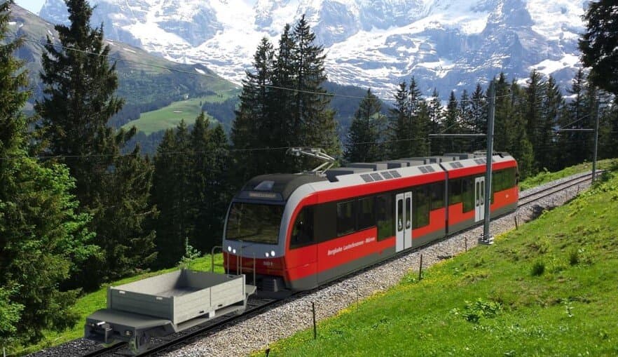 Transport de Lauterbrunnen à Mürren (BLM) - Gare de Mürren. Le BLM sera modernisé pendant les 30 à 50 prochaines années pour devenir l'un des plus beaux chemins de fer panoramiques des Alpes.
