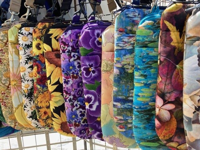 Purses (shown), tote bags, wallets, eyeglass and makeup cases, and other accessories.