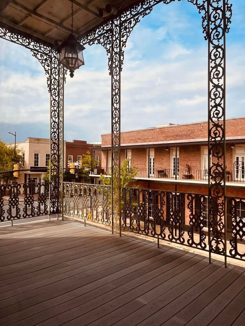 Lovely view from the balcony of the Spring Street Historical Museum. The Victorian lace metalwork which came from New Orleans is original to the building.