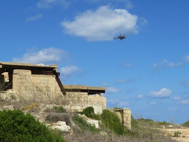 Allouette 3 helicopter from the Maltese Defence Force (rare sighting) flying over ruins of Fort Campbell