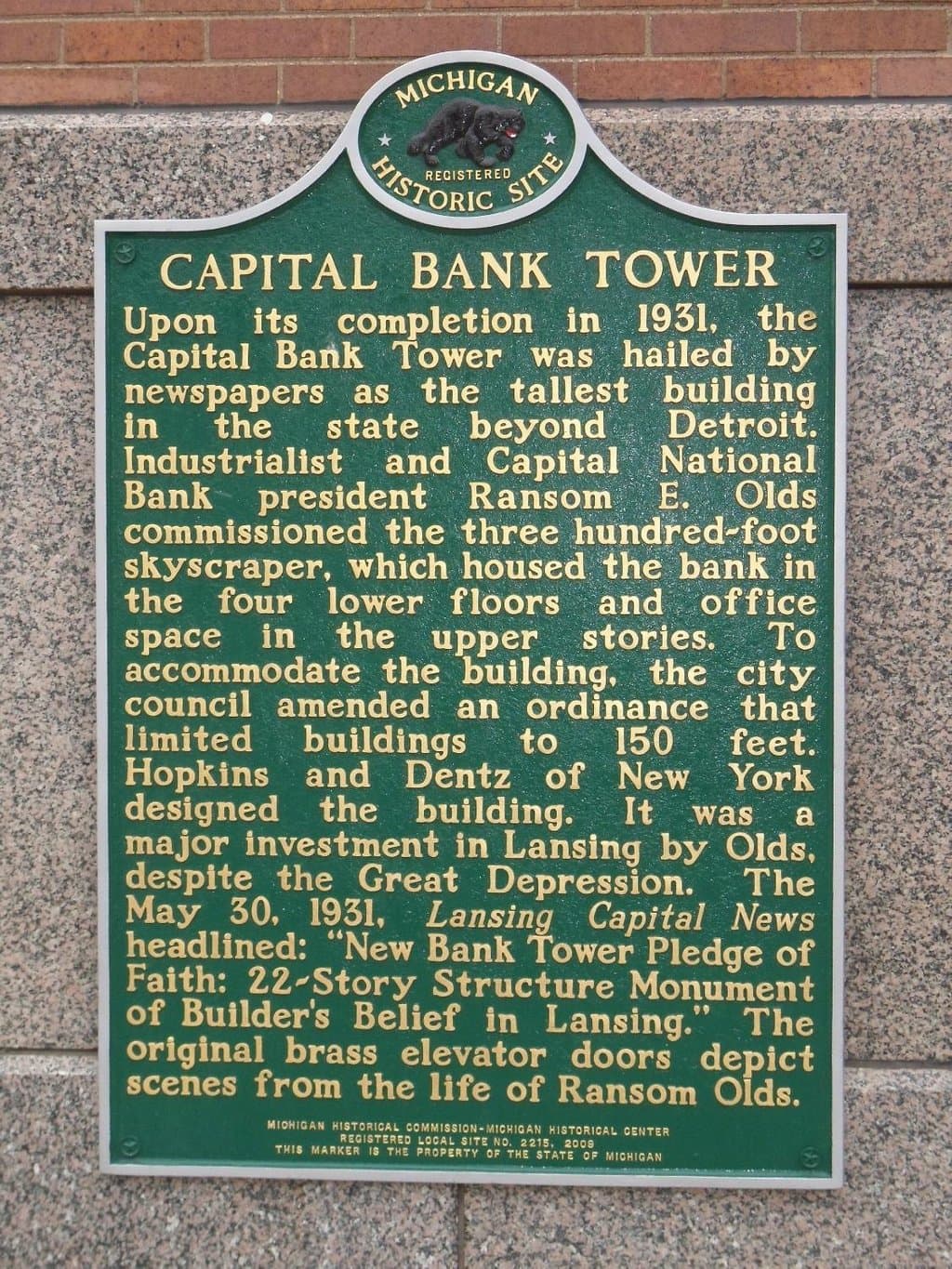 Michigan Capital Bank historical marker - Lansing, MI