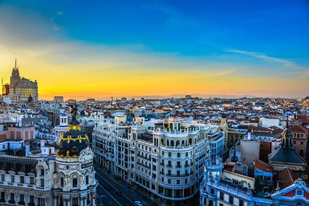 Sunset over Madrid viewed Bellas Artes Tower - Madrid Spain