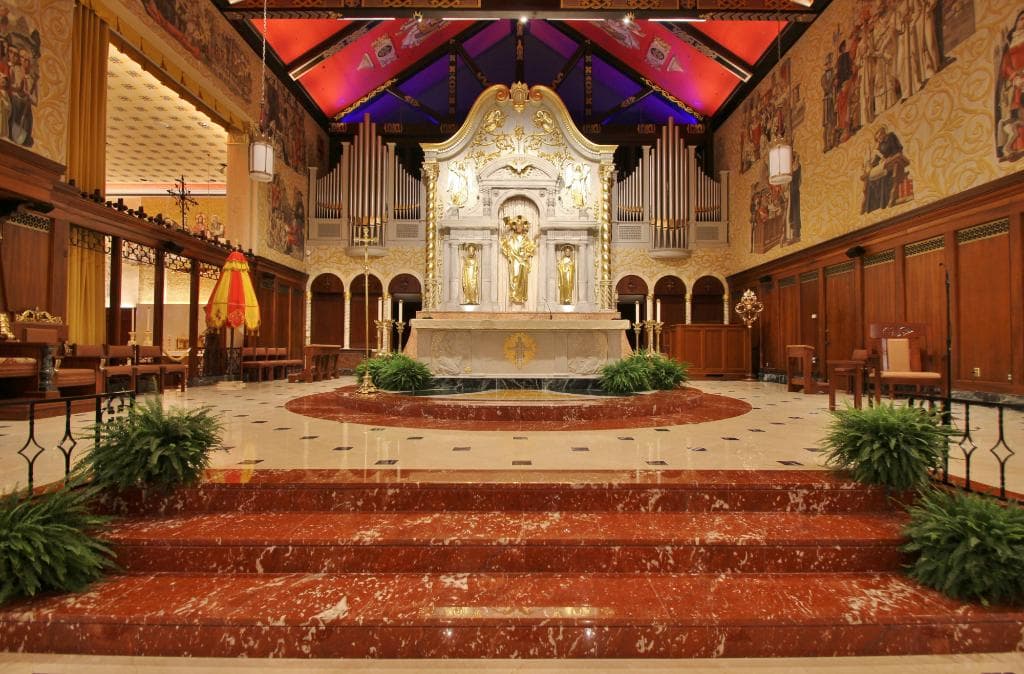 View of altar from center aisle at rail