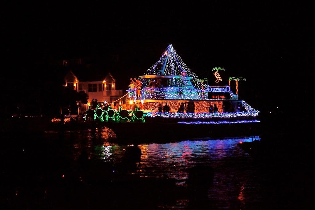 the annual Christmas Boat Parade in early December, seen from Sawfish Bay Park