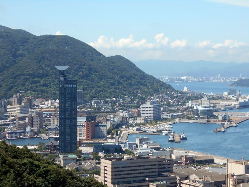 頂上付近駐車場から望遠撮影した門司港レトロ地区