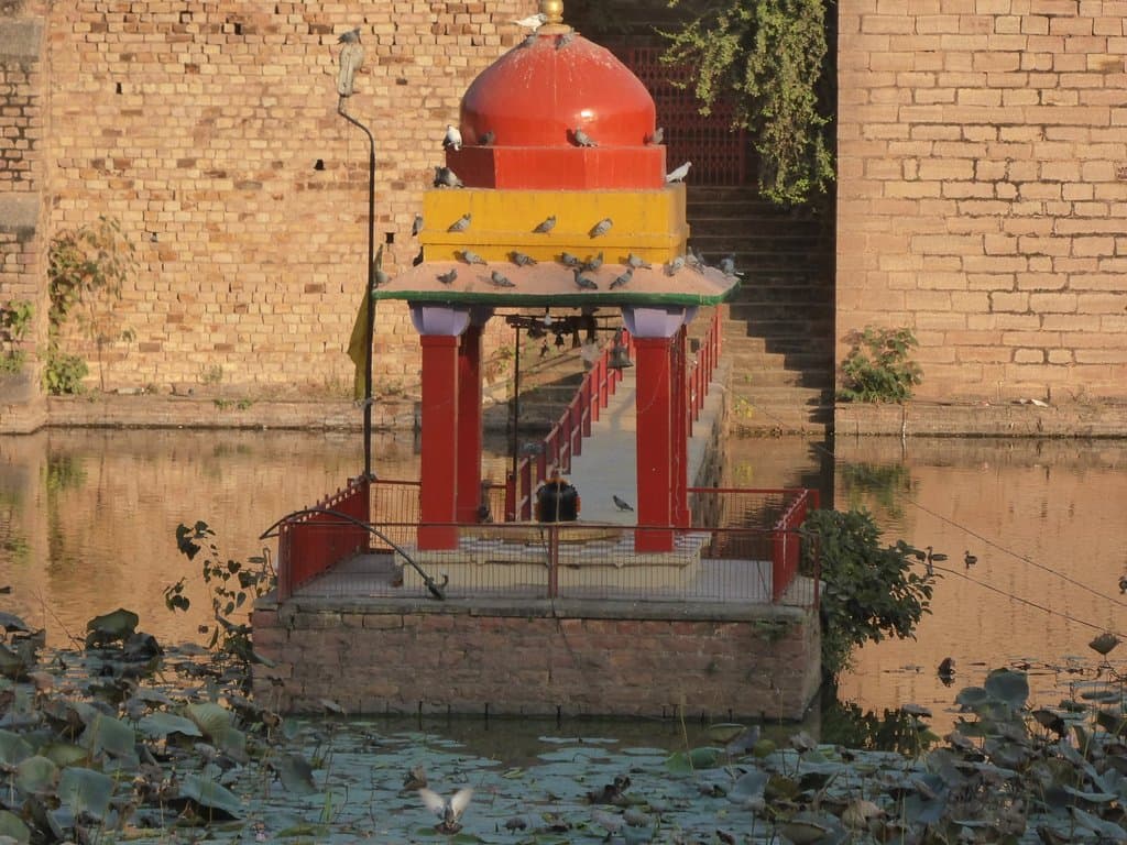 The small shrine near the centre of the pond
