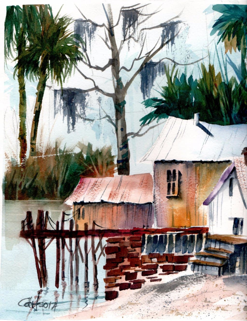Local Artist Ed Carlson, watercolor, "Crazy Horse Fishcamp" available for purchase.