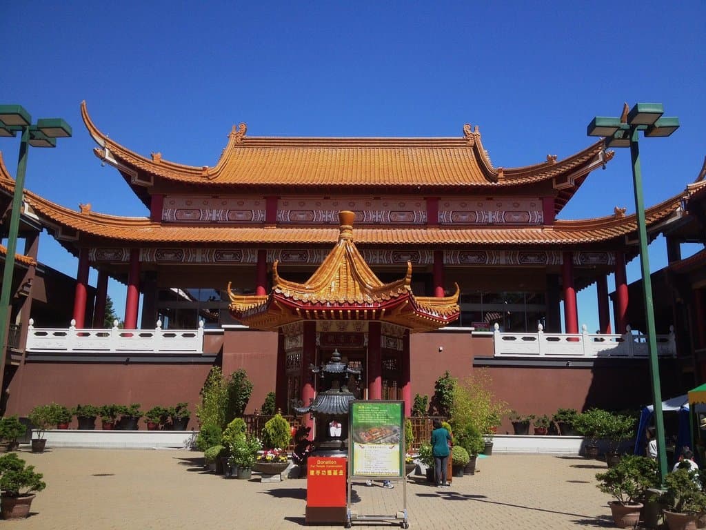 View of interior courtyard and Guan Yin gazebo in foreground