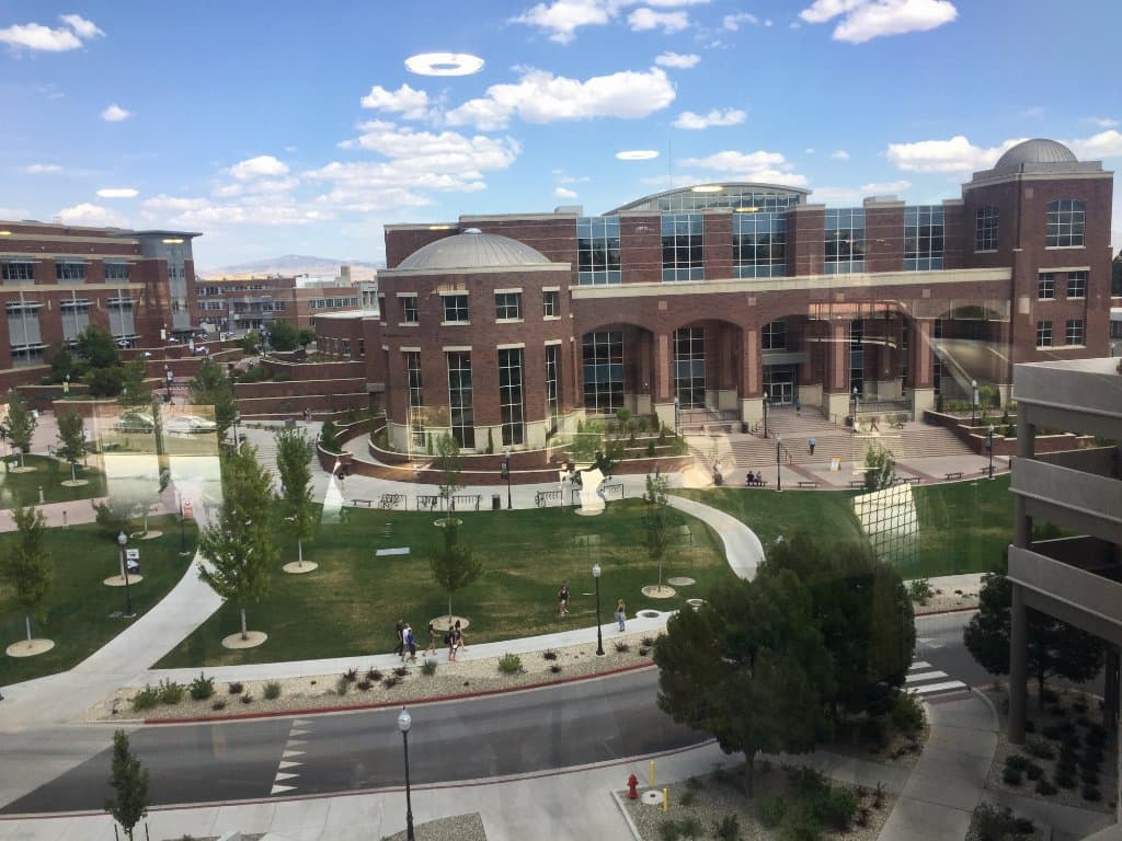 View of Library and Student Union taken from the new Gym.