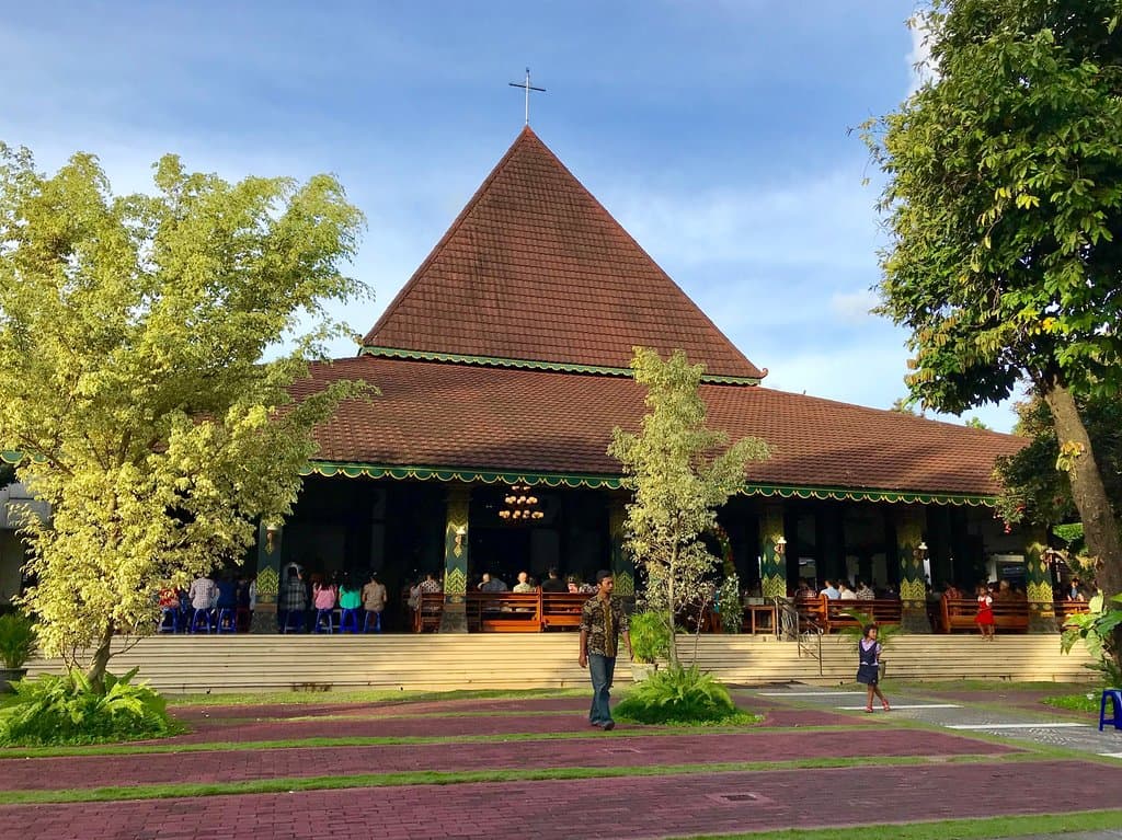 The exterior of the ganjuran church. The building boasts a Javanese joglo house style