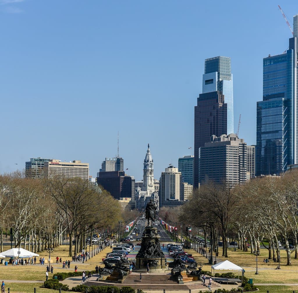 Looking down Benjamin Franklin Parkway towards City Hall from the Philadelphia Museum of Art Ste