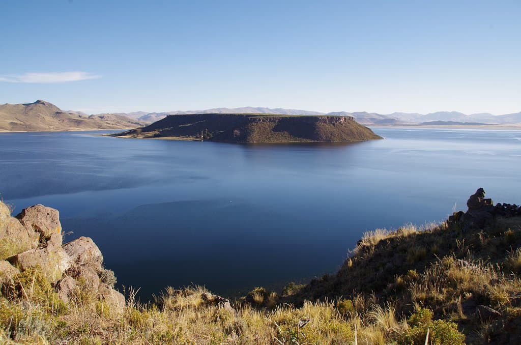 Island with flat mesa in Lake Umayo