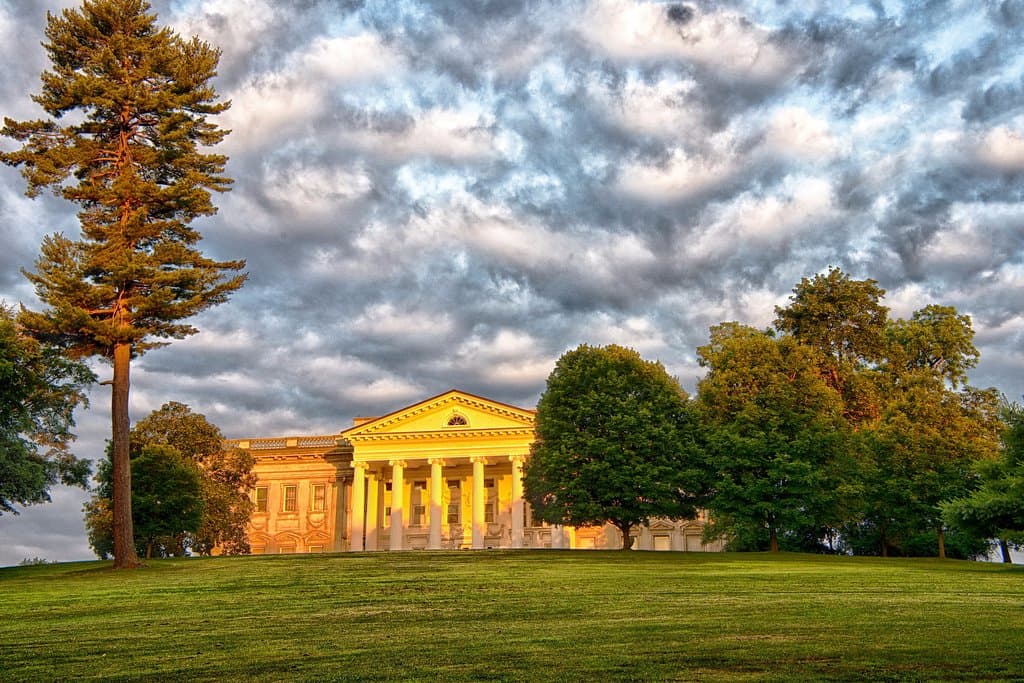 The commanding east portico of the mansion designed by Stanford White.