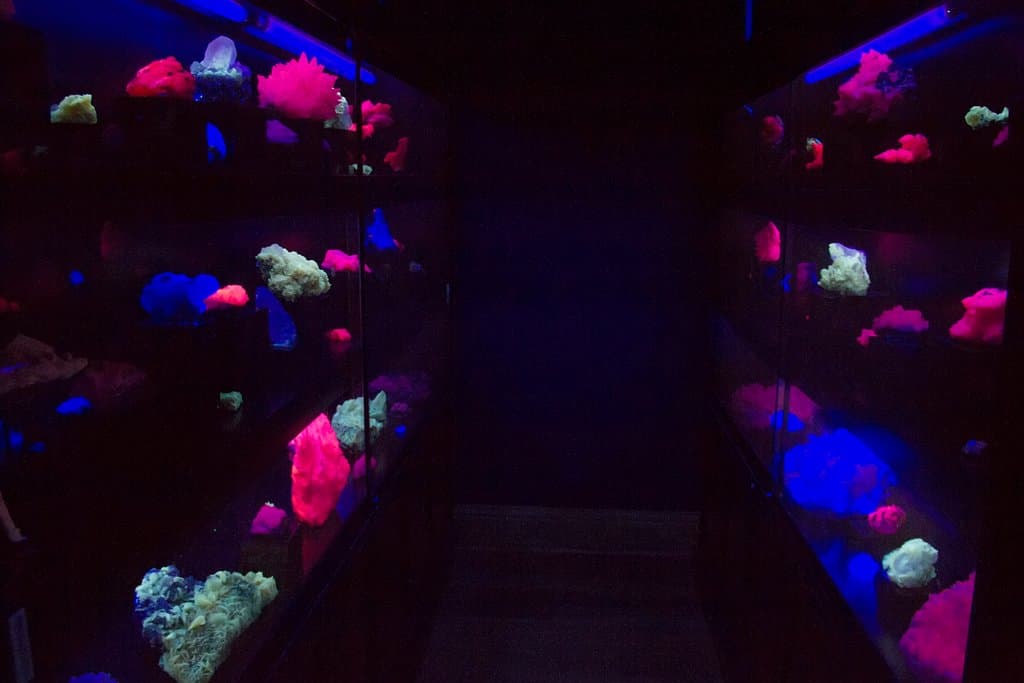 Sala de minerales fluorescentes, que reaccionan con la luz ultravioleta