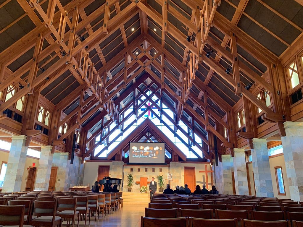Inside the small chapel on the irvine campus you will find vaulted wood ceilings and stunning architecture.