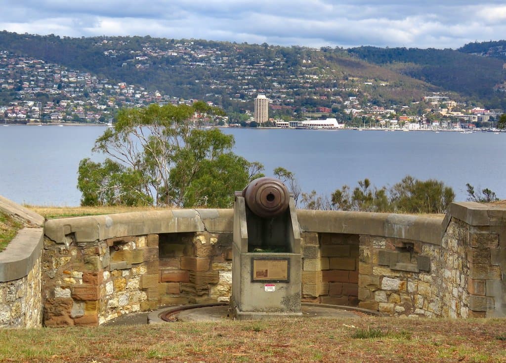 Looking down one of the cannons, across the Derwent to Sandy Bay