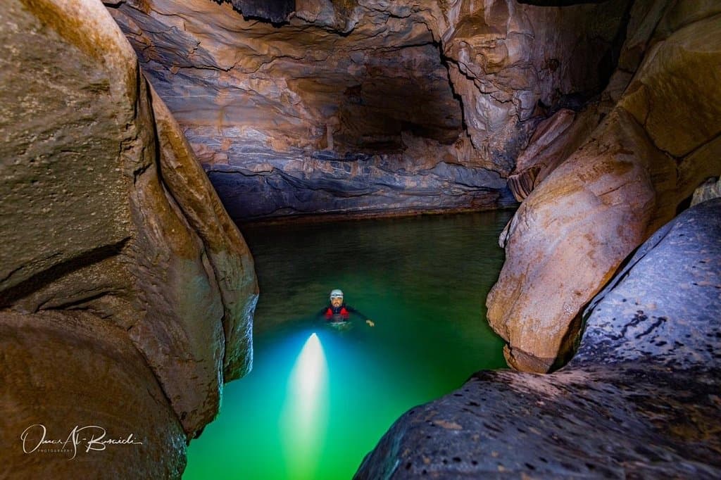 One of the longest caves in Oman . Lots of swimming, climbing, waking and abseiling