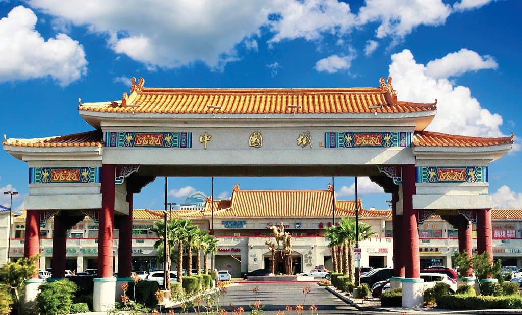Grand Gate of Chinatown Plaza. Chinatown Plaza, located five minutes away from The Strip, is a premier shopping center with authentic Asian cuisines and unique retail stores. Don't forget to take photos with the famous gold statue featuring "Journey to the West" when you visit. For more dining and shopping information, please go to: www.lvchinatownplaza.com.