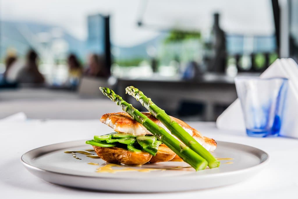 Coral Trout, buerre blanc, crispy kipfler potatoes, asparagus, snow peas