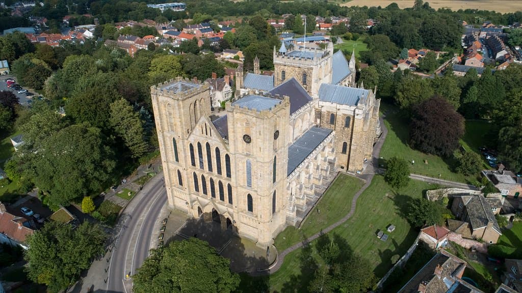 Ripon Cathedral from the air - view of 'the finest Early English West Front in the country'