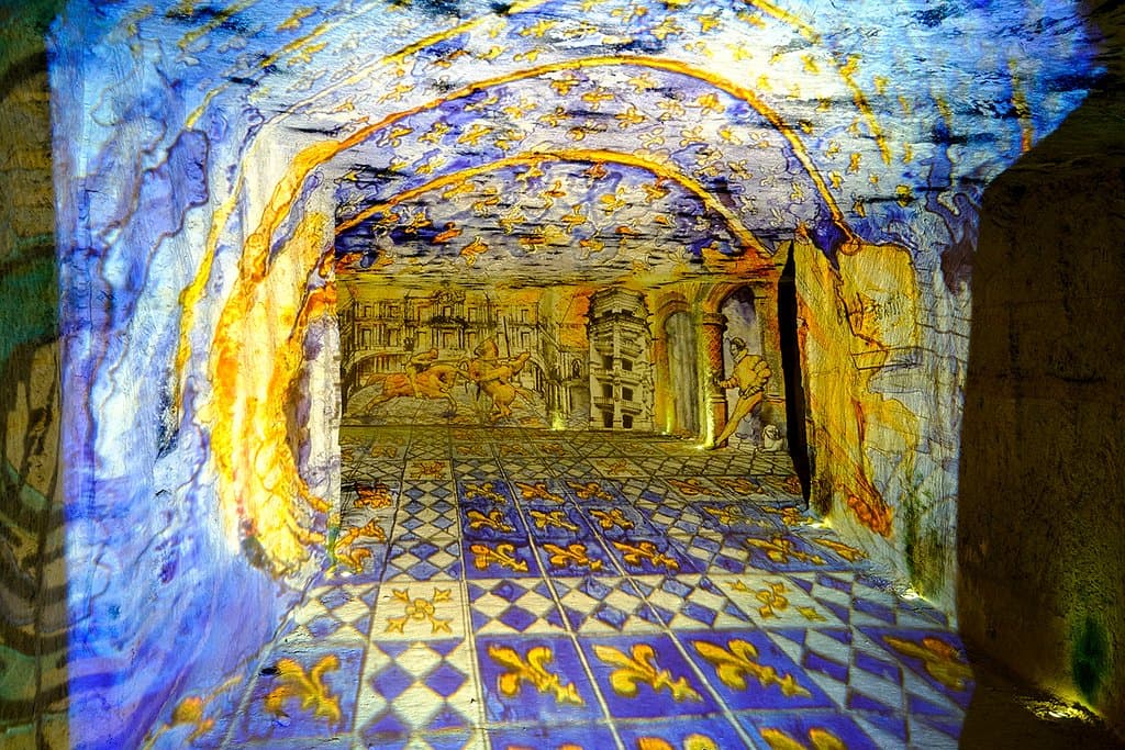 Des tapisseries de lumière, travaillées par deux artistes de renom à partir des techniques picturales empruntées à l'art des vitraux, offrent au public une vision inédite des grands châteaux de la Loire, retraçant l'histoire et l'origine des caves.