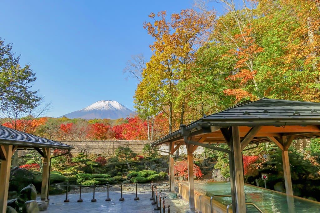 富士山を間近に仰ぐ絶景露天風呂の秋。いろとりどりの紅葉に包まれた露天風呂につかれば、心も体もリラックス。夜はライトアップも。