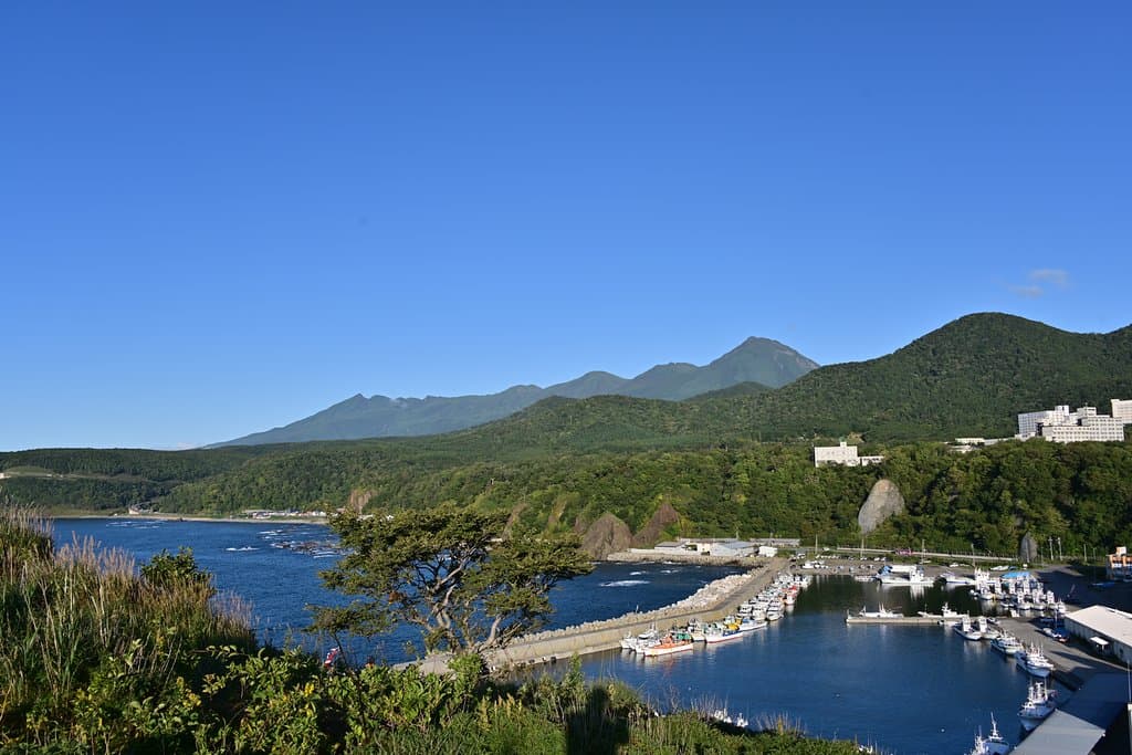 港の向こうに山が