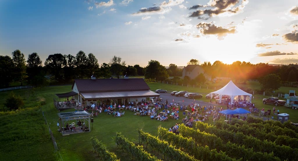 Sunset over our Music in the Vines Series–a FREE summer-long concert series.