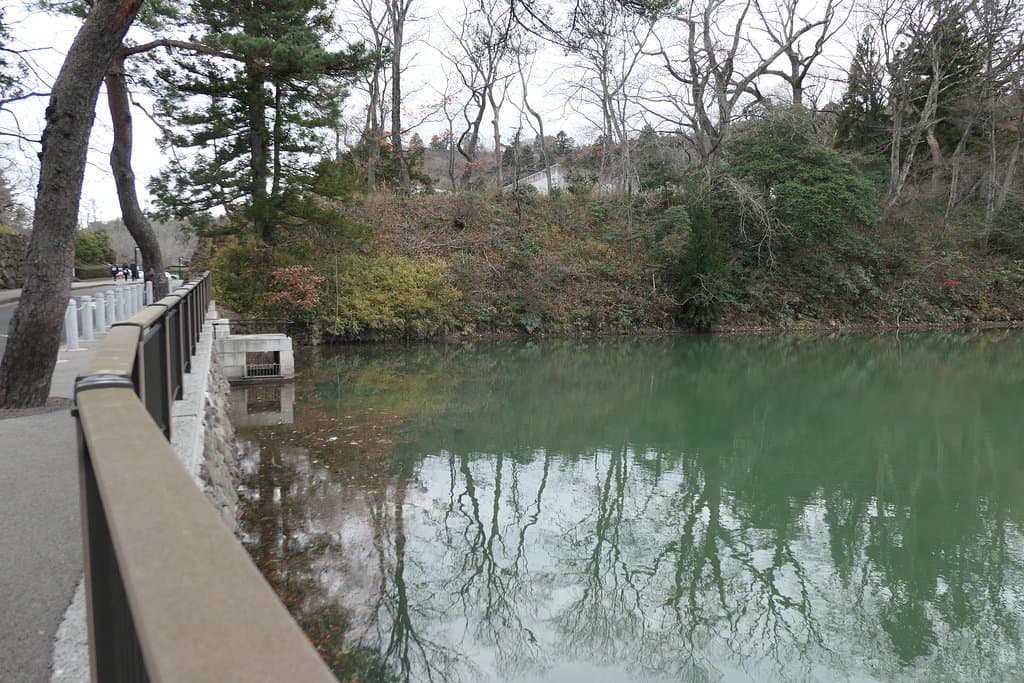 決してキレイな水とは言えませんが、とても濃い緑色で光の加減で五色の色に変わるんですかね。