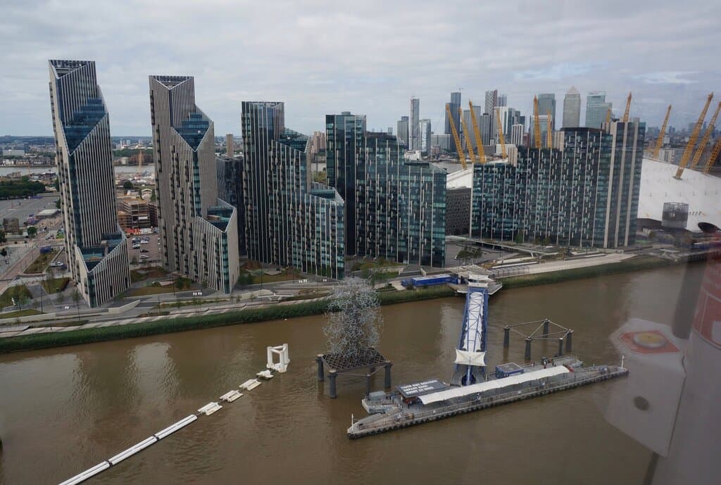 Sir Antony Gormley's sculpture, 'Quantum Cloud', at Greenwich North Pier, London. This is from the cable car!