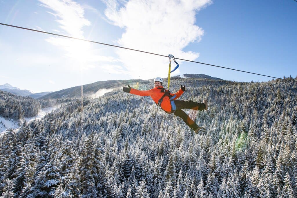 Ziptrek in Winter. Fly between Whistler & Blackcomb Mountains on this exhilarating outdoor adventure. Includes 360 views of the surrounding area and travel through an old growth rainforest. Located directly above Whistler's main village.