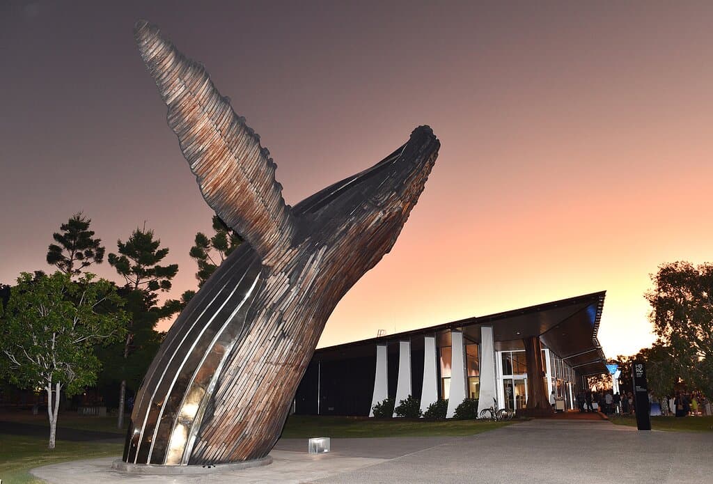 Hervey Bay Regional Gallery at sunset with Nala the whale statue in foreground. Photo: Alistair Brightman