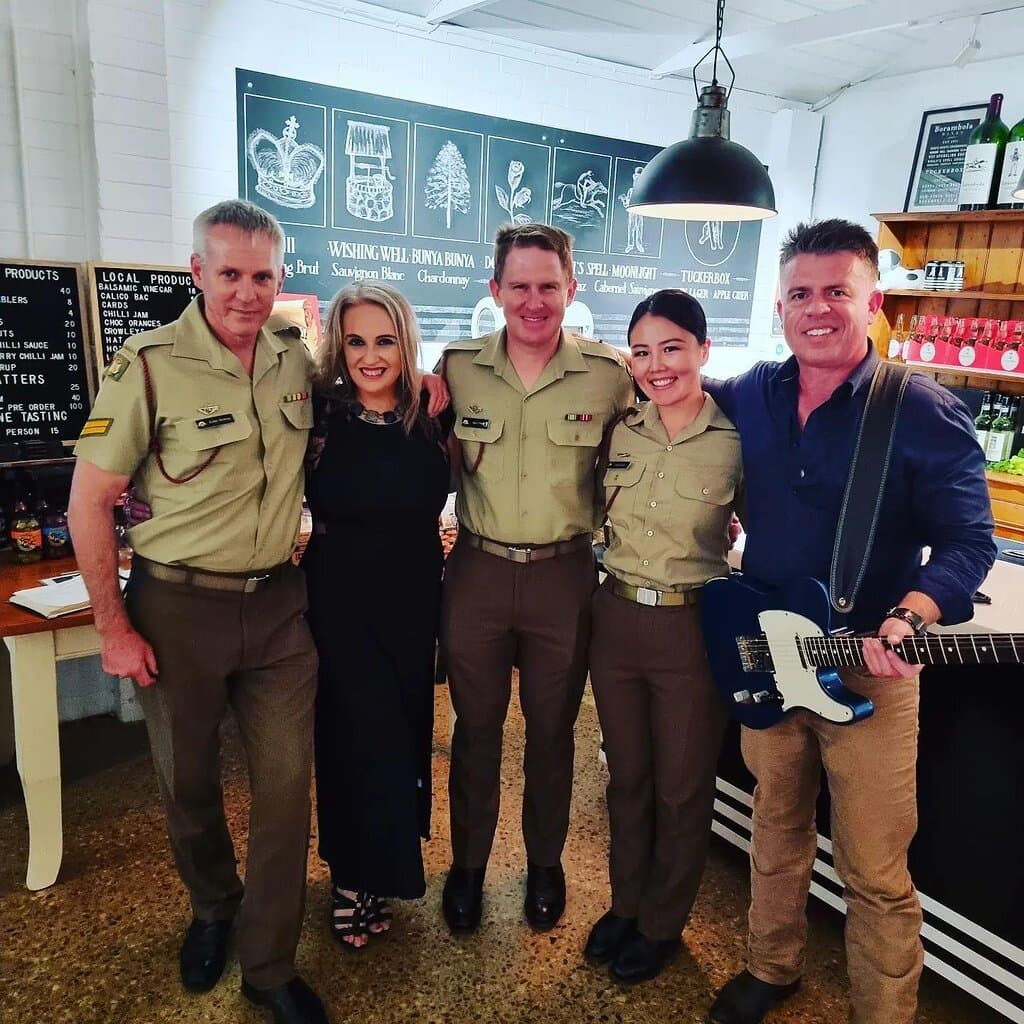 Members of the Kapooka Army Band and Shotput Kitty, Kath Wall and Aaron Oldaker