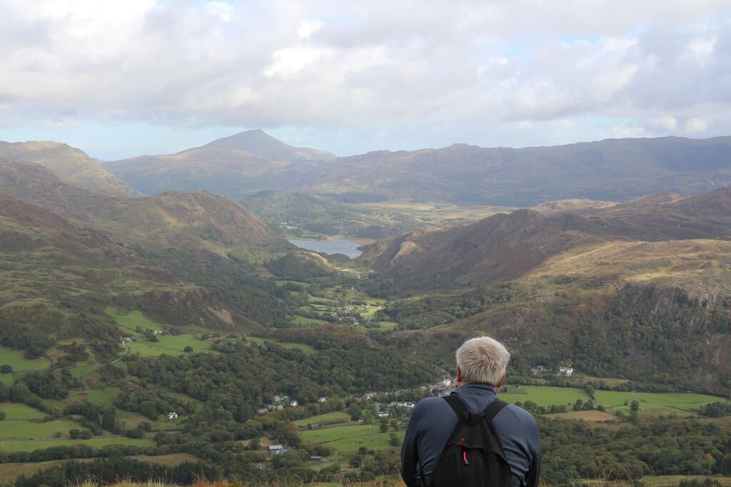 View from rdige on Moel Hebog looking up towards Nant Gwynant over Beddgelert