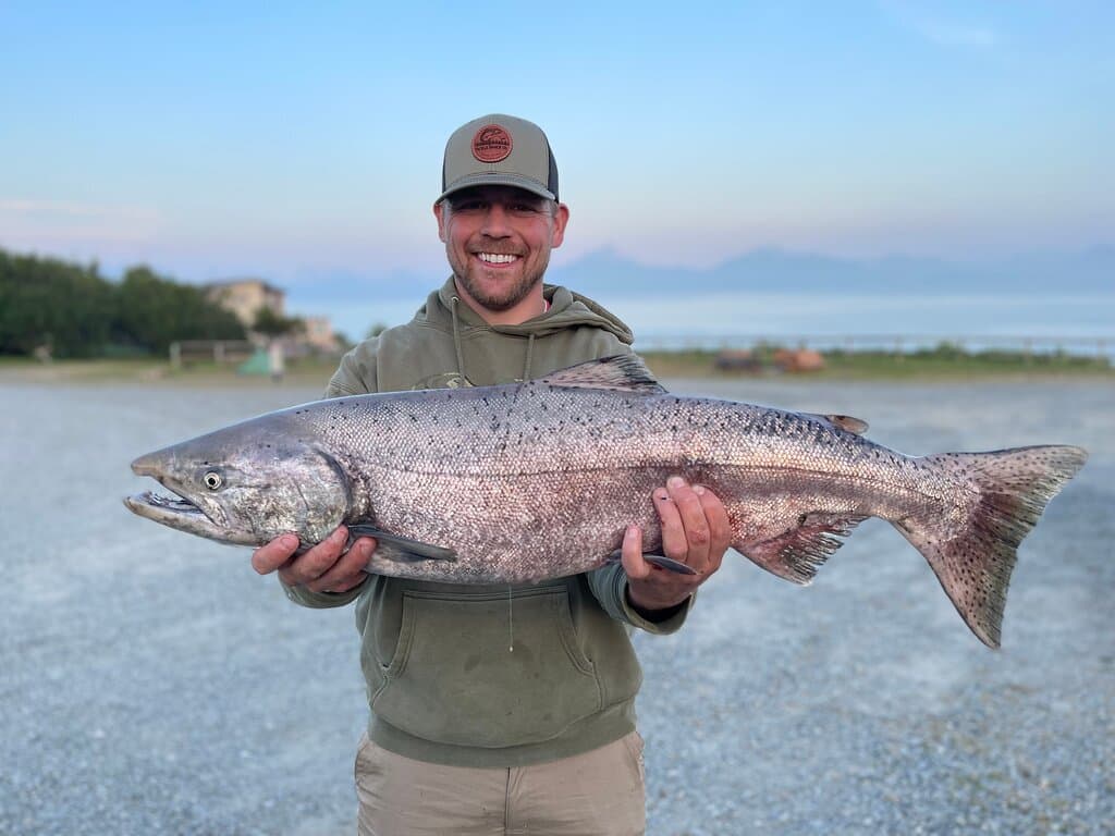 King Salmon fishing at the fishing hole (Nick Dudiak Lagoon) on the Homer Spit is best from mid May till the end of June! What a blast!! Everything you need is just across the street at the little tackle shop including rental poles. And the fishing continues with Silver Salmon through December.