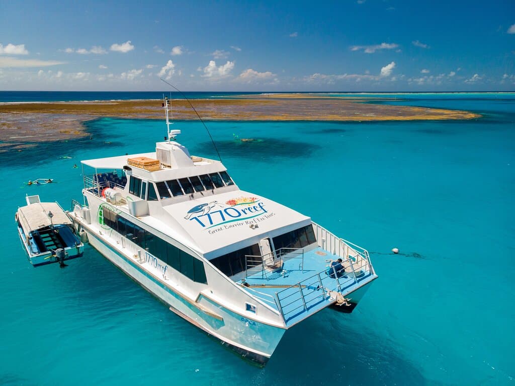 1770 Reef vessel, ORCA, on protected mooring inside Lady Musgrave Islands protective lagoon.