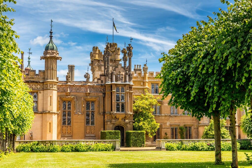 A view of Knebworth House from the Gardens.