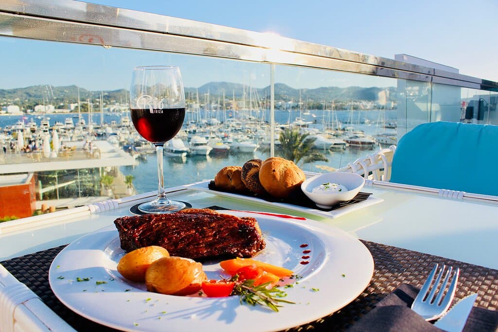 Perfectly grilled steak with a seaview at Rioibiza