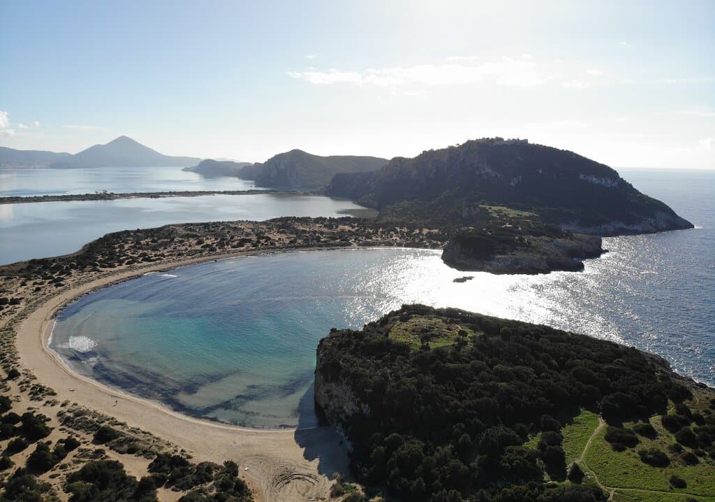 Aerial view of the tomb and voidokilia Bay. Nestors cave can just be made out on the opposite hill
