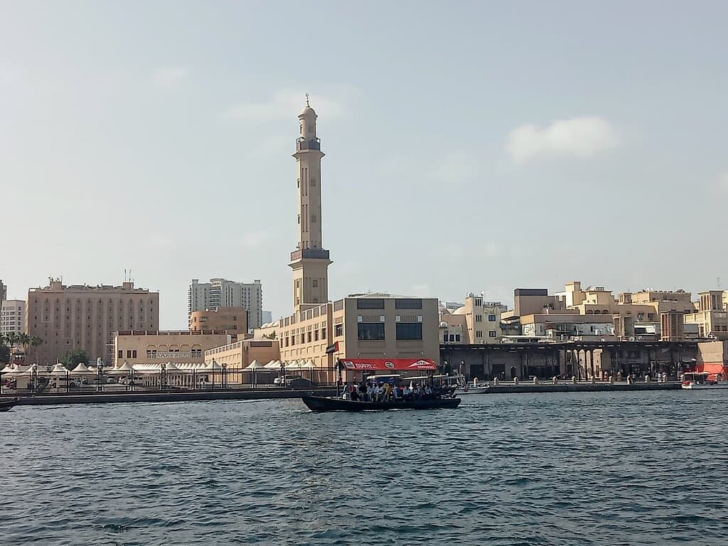Minaret Grand Bur Dubai Mosque as seen from Dubai Creek. UAE March 2024