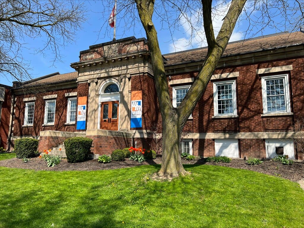 The front of The Welland Museum, built in 1923 with a grant from the Carnegie foundation, sits on 140 King Street L3B 3J3 in Welland, Ontario, Canada.