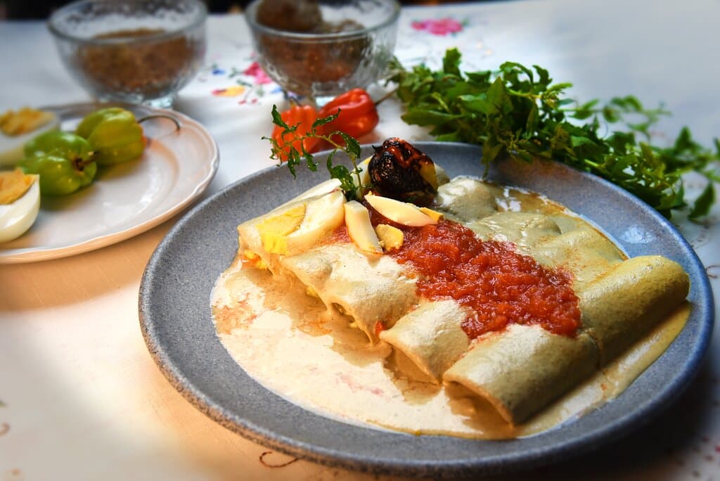 Sabores de El Sazón de Valladolid - Papadzules.
Estos son uno de los platillos más representativos de la cocina yucateca, una joya gastronómica que remonta sus orígenes a la época prehispánica. Este platillo, que en lengua maya significa "comida de los señores" (pápak', cubrir, y dzul, señor), es un reflejo del ingenio culinario de los antiguos mayas y de la riqueza cultural de la región de Yucatán.