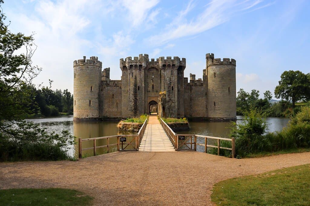 Medieval castle with original moat, towers and portcullis.