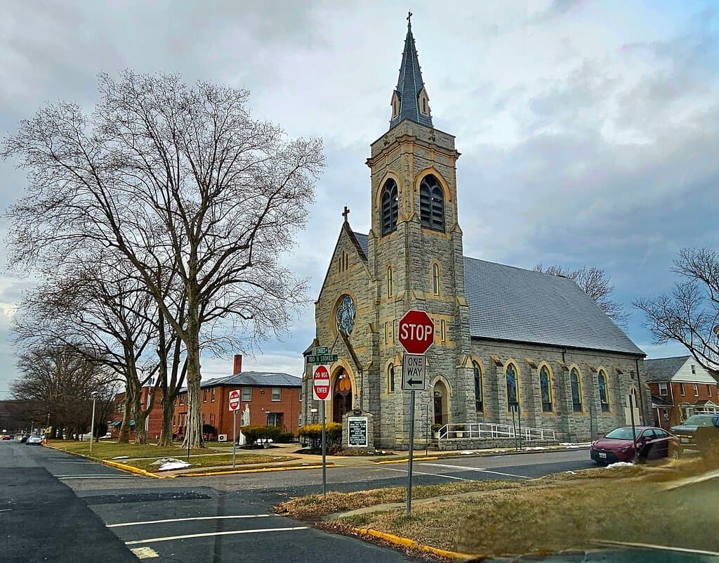 Along N Stokes Street, original 1847 chapel and 1907 church